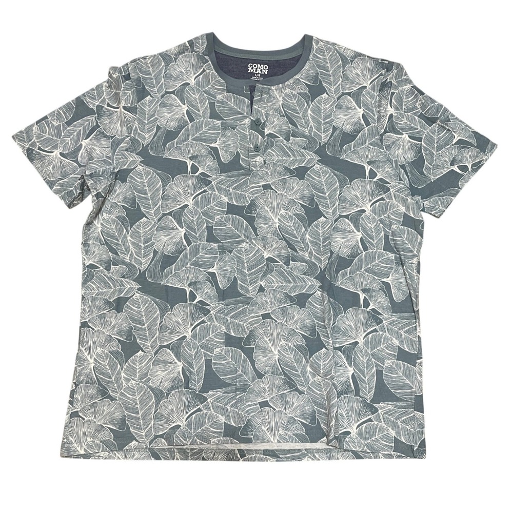 Como Man Men's Large Ginkgo Leaf‎ Print Henley Shirt Blue White Short Sleeve NWT